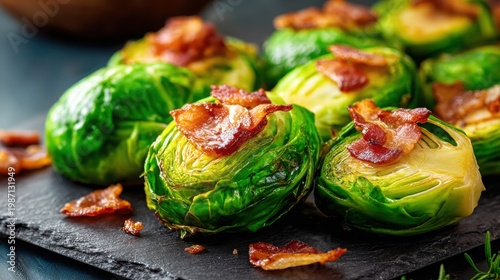 Roasted Brussels Sprouts Topped with Crispy Bacon, a Delicious Appetizer or Side Dish