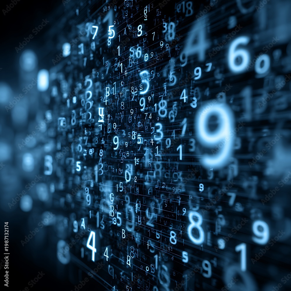 Obraz premium Abstract Digital Background Featuring Glowing Blue Numbers Floating in Deep Space Representing Big Data Analytics Artificial Intelligence and Cyber Security