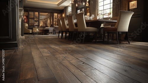 Rich dark walnut hardwood flooring with a subtle weathered texture in an elegant dining room interior