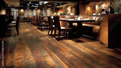 Rich Dark Walnut Hardwood Flooring with Subtle Grain Texture in a Restaurant Interior