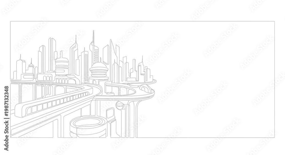 Naklejka premium Minimalist hand drawn line art sketch of a modern cityscape with highway infrastructure.