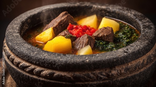 Rich Beef Bourguignon Stew with Tender Meat Chunks and Potatoes Served in a Rustic Stone Bowl