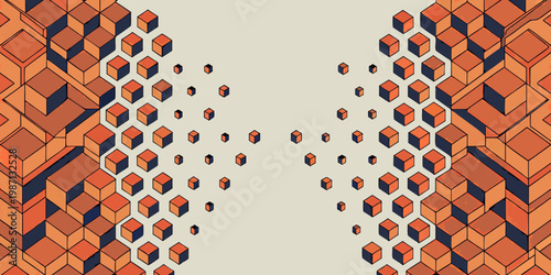 Abstract isometric arrangement of orange and blue cubic structures