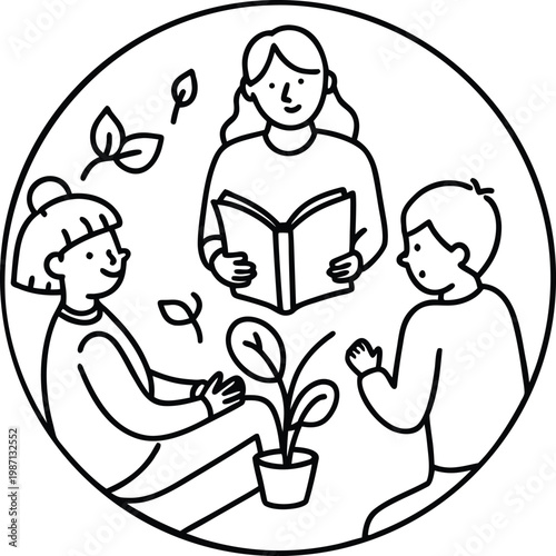 Three people reading and learning about a plant together in a circle