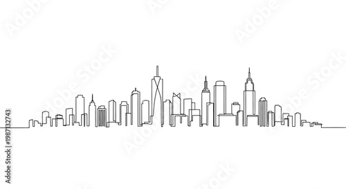 Continuous single line drawing of modern city skyline with skyscrapers.