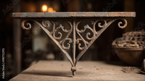 Intricate Rustic Cast Iron Bracket with Ornate Scrollwork for Shelving and Decorative Support