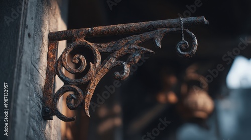 Ornate Rustic Wrought Iron Bracket with Intricate Scrollwork and Aged Texture