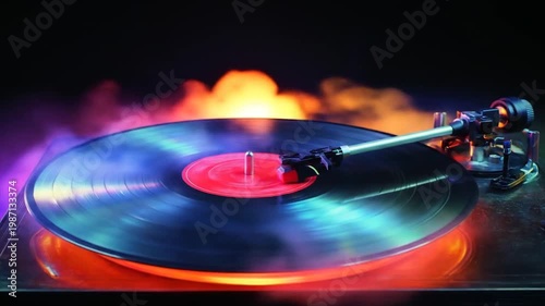 Vintage vinyl record playing on turntable with colorful smoke effects