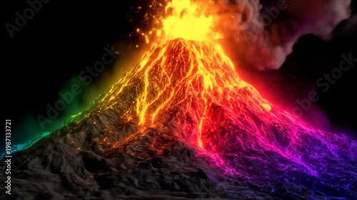 Volcano erupting with colorful lava and smoke against black background