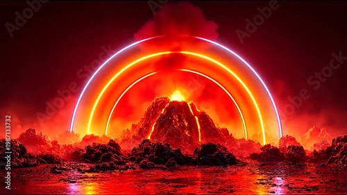 Volcanic eruption with glowing neon arcs against a dark red sky