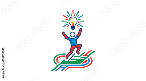 Person Jumping With Bright Idea Light Bulb Above Head