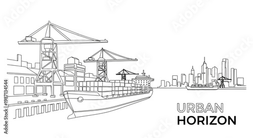 Continuous line drawing of a cargo ship at a busy industrial harbor terminal.