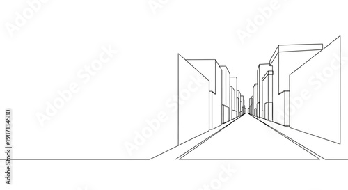 Minimalist continuous line drawing of urban street with city buildings.