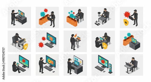 Cybersecurity concept icons showing people interacting with computers and viruses.