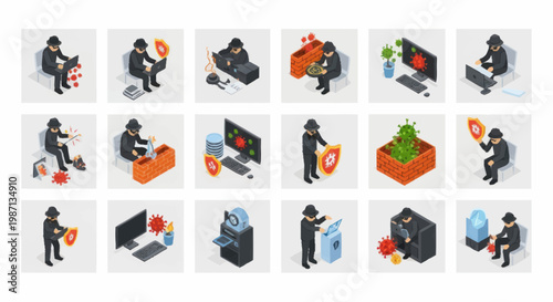 Cybersecurity concept icons showing digital threats and protection.