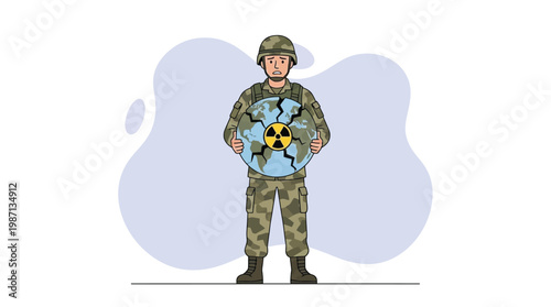 Soldier Holding a Cracked Earth Globe with Nuclear Radiation Symbol Il