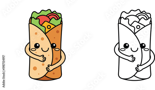 Cute Kawaii Burrito Cartoon Character in Color and Outline for Coloring Pages, Mexican Food Wrap Vector Illustration Set with Smiling Face Isolated on White Background