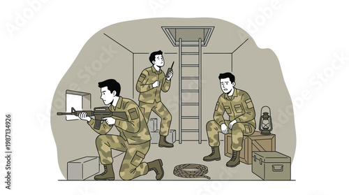 Military Soldiers Hiding in Underground Bunker Illustration with Armed
