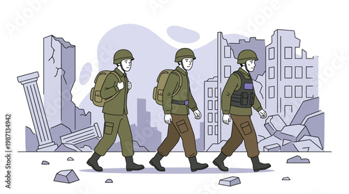 Sad Soldiers Walking Through Ruins of a Destroyed Empty City Illustrat