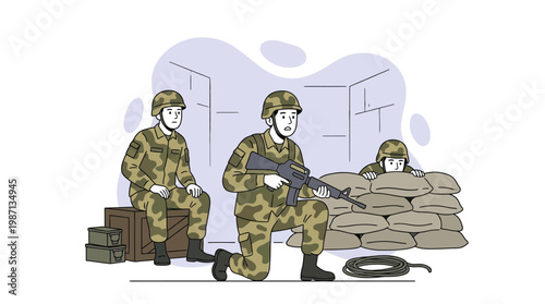 Soldiers Hiding in Underground Bunker with Sandbags and Weapons Vector