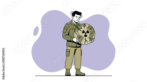 Sad Soldier Holding a Cracked Earth Globe with Nuclear Radiation Symbo