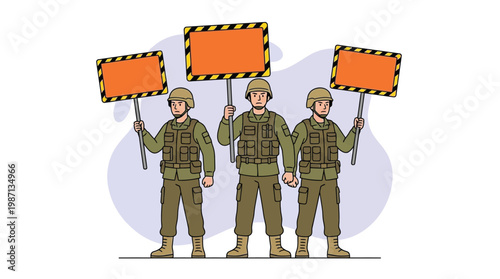 Military Soldiers Holding Blank Warning Signs for Emergency Evacuation