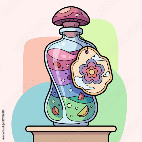 A mystical potion bottle adorned with whimsical elements, evoking a sense of enchantment and creativity, perfect for fantasy-themed art or products.