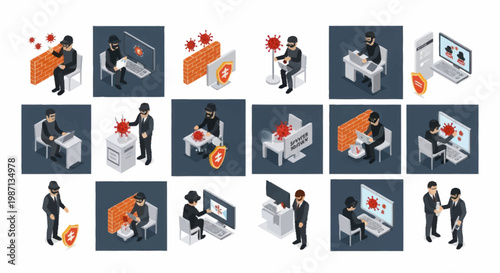 Cybersecurity concept with hackers and viruses in isometric style.