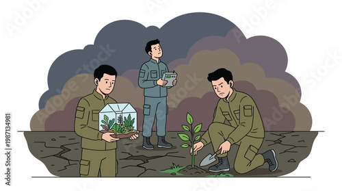 Soldiers Protecting Rare Plants and Reforesting Cracked Earth in Post