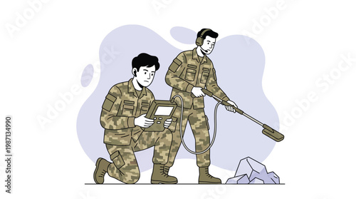 Military Men in Camouflage Uniforms Using Advanced Radiation Detection