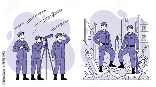Soldiers Observing Missiles in the Sky and Standing Amidst Ruined City