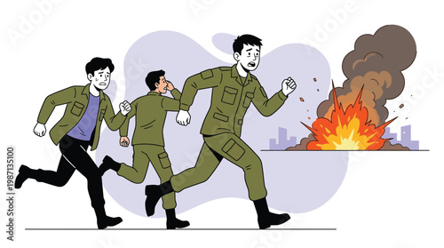 Soldiers Running Away from Big Explosion in War Zone Cityscape Militar