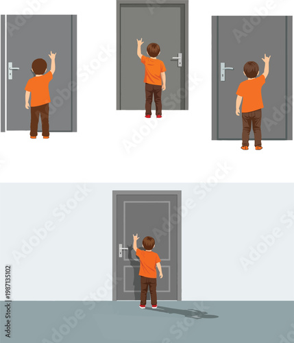 Young boy in orange shirt standing in front of closed grey door knocking and seeking entry concept vector illustration set