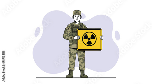 Military Soldier Character in Camouflage Uniform Holding a Yellow Radi