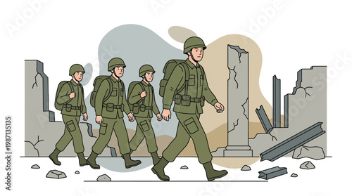 Soldiers Patrolling Through Destroyed City Ruins After War Post Apocal