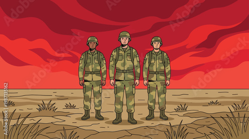 Vector illustration of three brave soldiers standing in a barren deser