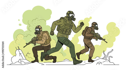 Military Soldiers in Protective Gas Masks Running Through Toxic Chemic