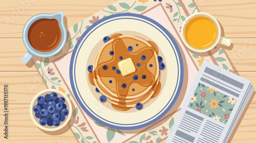 A delightful overhead view of a perfectly stacked pancake served with maple syrup and topped with fresh blueberries, representing a cozy breakfast experience to cherish.