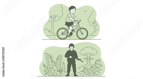 Peace and War Concept Vector Illustration showing a Happy Boy Riding B