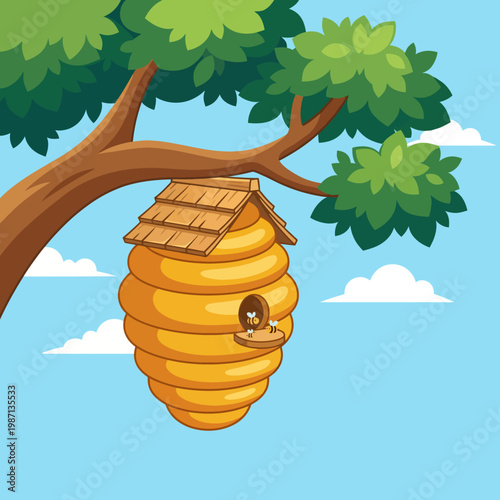 A charming cartoon bird peeking out from a tree hive, representing the beauty of nature, whimsy, and innocence in a cheerful and inviting landscape.