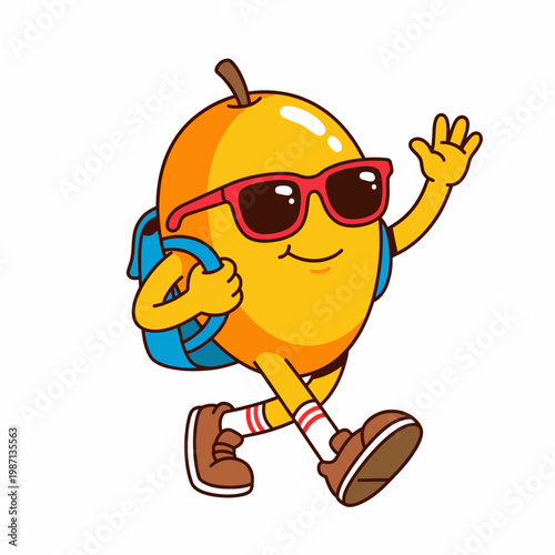 A cheerful mango character wearing sunglasses and a backpack, embodying a playful spirit of adventure and fun in a stylized, vibrant illustration appealing to youthful audiences.