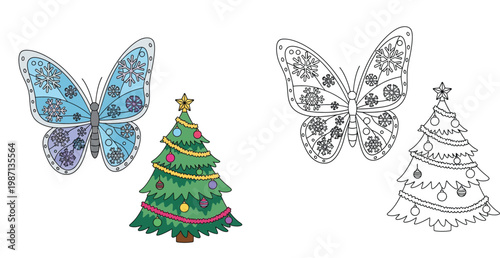 Christmas Tree and Snowflake Butterfly Coloring Page for Kids, Festive Winter Holiday Vector Illustration with Colored and Outline Versions