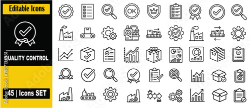 Quality Control Line Icons Set for Web and UI Design, Certified Inspection Manufacturing Production Analysis Collection Minimal Outline Vector Icons Pack for Industry Process Audit Testing Assurance