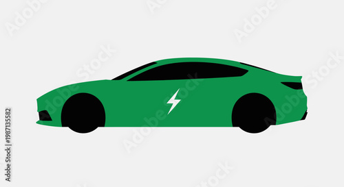 Green electric car with lightning bolt symbol on white background representing a new era