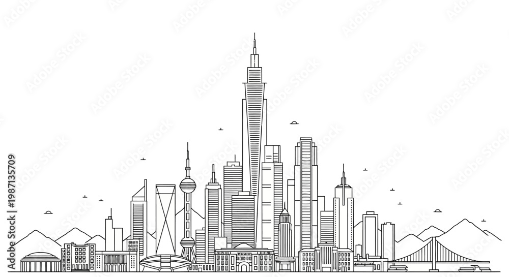 Obraz premium Detailed Hand Drawn Skyline of Modern Metropolitan City.