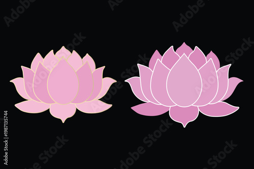 Pink lotus flower vector set, blooming water lily icons on black background, elegant floral zen symbols for yoga and wellness branding