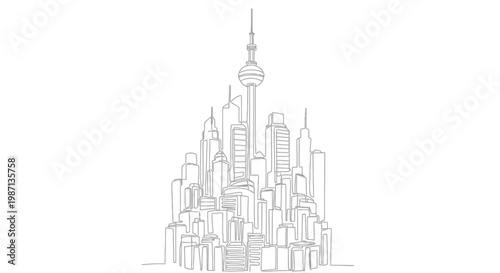 Minimalist continuous line drawing of the Toronto skyline.