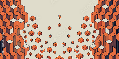Isometric arrangement of orange cubes disintegrating into smaller fragments