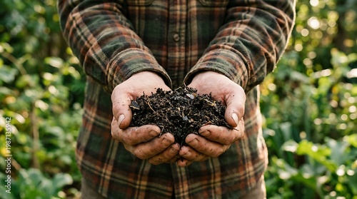 Person Holding Fresh Organic Soil From Garden With Green Plants Background