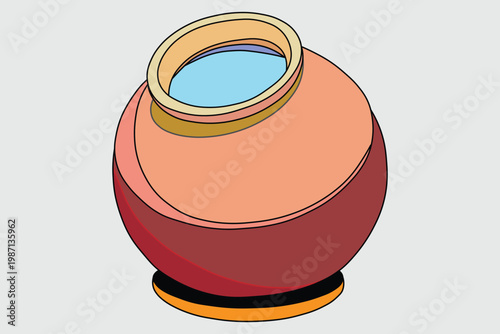 Traditional clay water pot vector illustration, terracotta matka with cool water, earthen ceramic vessel for storage, indian pottery icon
